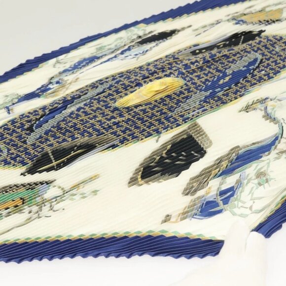 HERMES Pleated Scarf ""LES VOITURES A TRANSFORMATION"" Silk Blue Auth - Picture 10 of 16